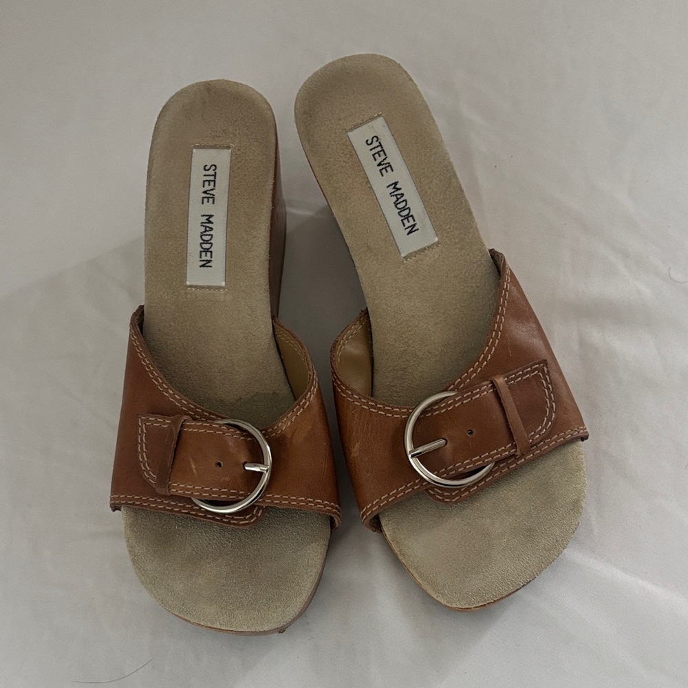 Steve Madden Brown Leather heel Slide Mules with Buckle